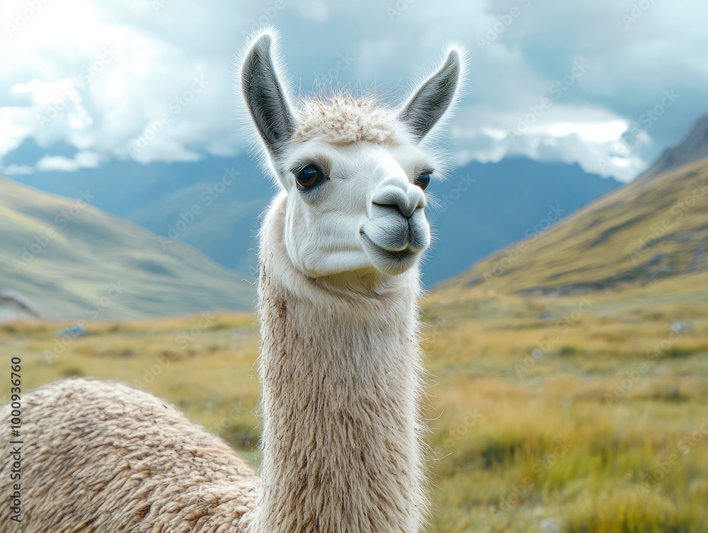 Obraz premium a high-quality photo of a llama in its natural habitat, with perfect lighting capturing the details of its wool and gentle expression.
