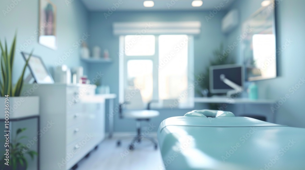 A small room with a blue massage table and a white desk A small room with a blue massage table and a white desk