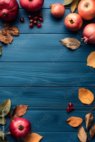 Red pomegranates, apples, honey, leaves and flowers on blue wooden background. Traditional symbols of Rosh Hashanah. Jewish New Year holiday. Template for design. Flat lay, top view with copy space photo