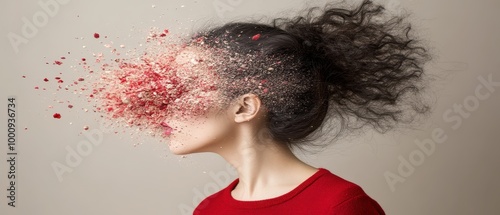 A surreal image of a woman's head, explosively disintegrating into colorful particles, symbolizing creativity and transformation. photo