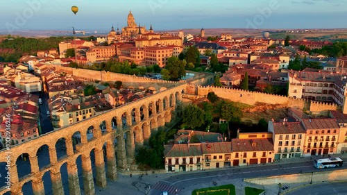 Morning drone view of Segovia old town with roman aqueduct of Segovia, travel in Spain, aerial view of Spanish town of Segovia, Roman ancient architecture
