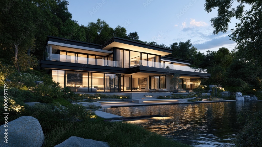 a modern, luxurious big house overlooking a serene lake, with large glass windows and a beautifully landscaped garden. a modern, luxurious big house overlooking a serene lake, with large glass windows and a beautifully landscaped garden.