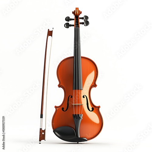 A violin and bow, isolated on a white background, evoking the beauty of music and craftsmanship.