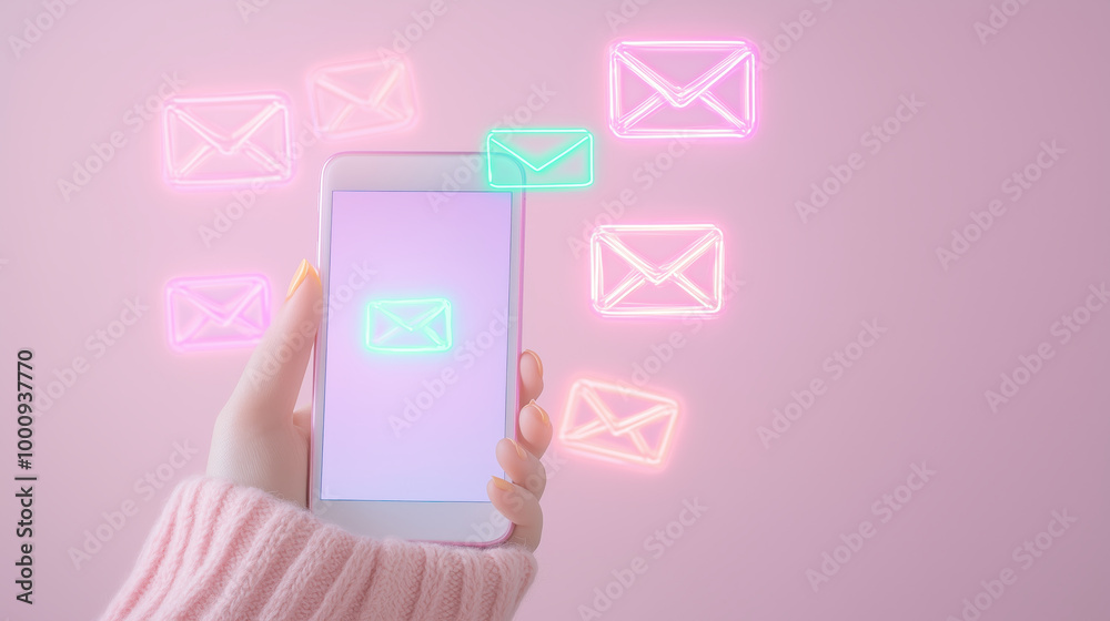 hand holding mobile phone with floating holographic email icons, conveying communication hand holding mobile phone with floating holographic email icons, conveying communication