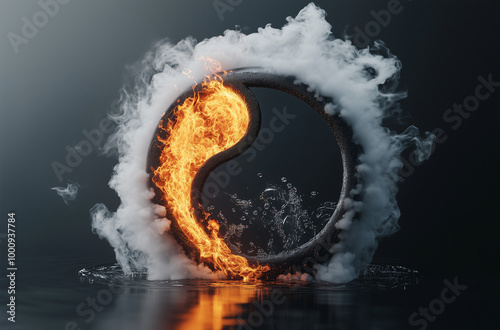 Artistic depictions of fiery and icy Yin-Yang symbols combining elemental forces of fire and water, showcasing balance and harmony in vivid, dynamic visuals.

