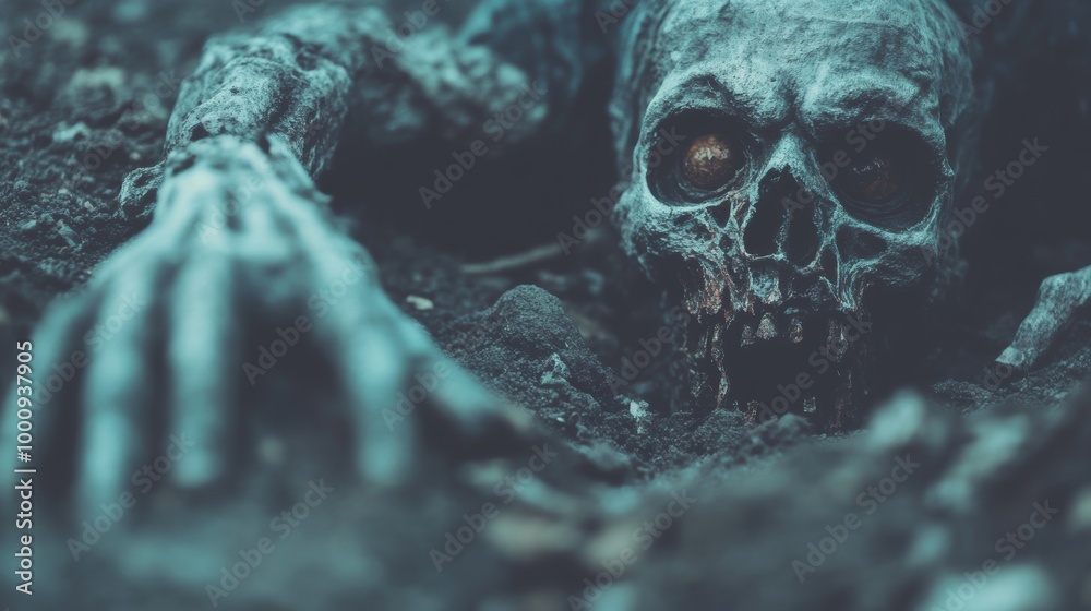 A zombie rises from a grave under the moonlight, its skeletal hand reaching out menacingly from dark, disturbed earth A zombie rises from a grave under the moonlight, its skeletal hand reaching out menacingly from dark, disturbed earth