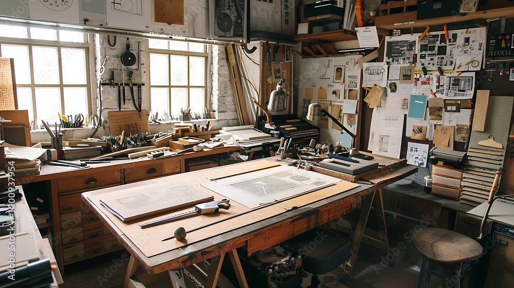 A cluttered drafting desk filled with multiple printing tools A cluttered drafting desk filled with multiple printing tools