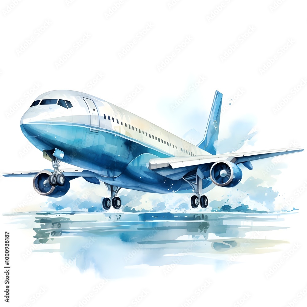 Naklejka premium Airplane in Flight Over a Reflective Surface.