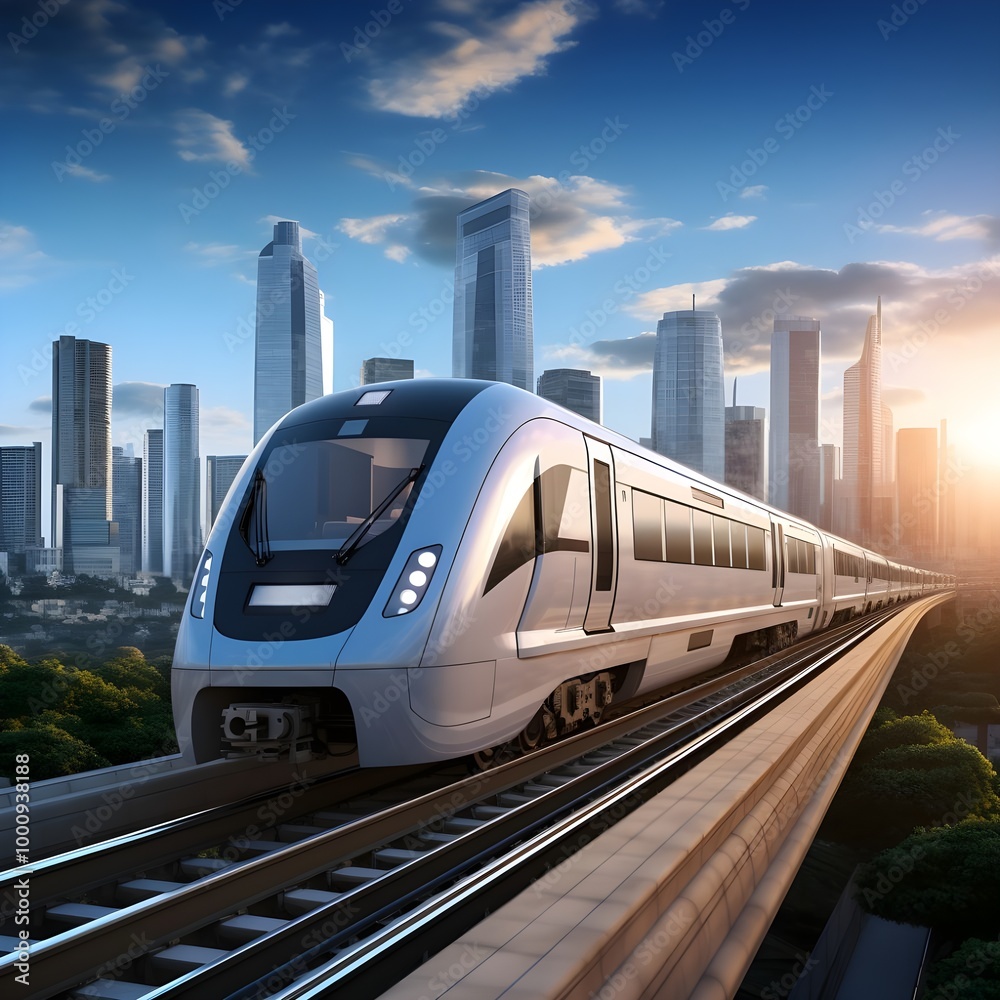 Fototapeta premium Modern Train Traveling Through a Cityscape.
