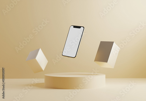  Modern smartphone models displayed in a minimalistic setting, with sleek geometric shapes and warm, neutral tones creating an elegant and futuristic aesthetic.

