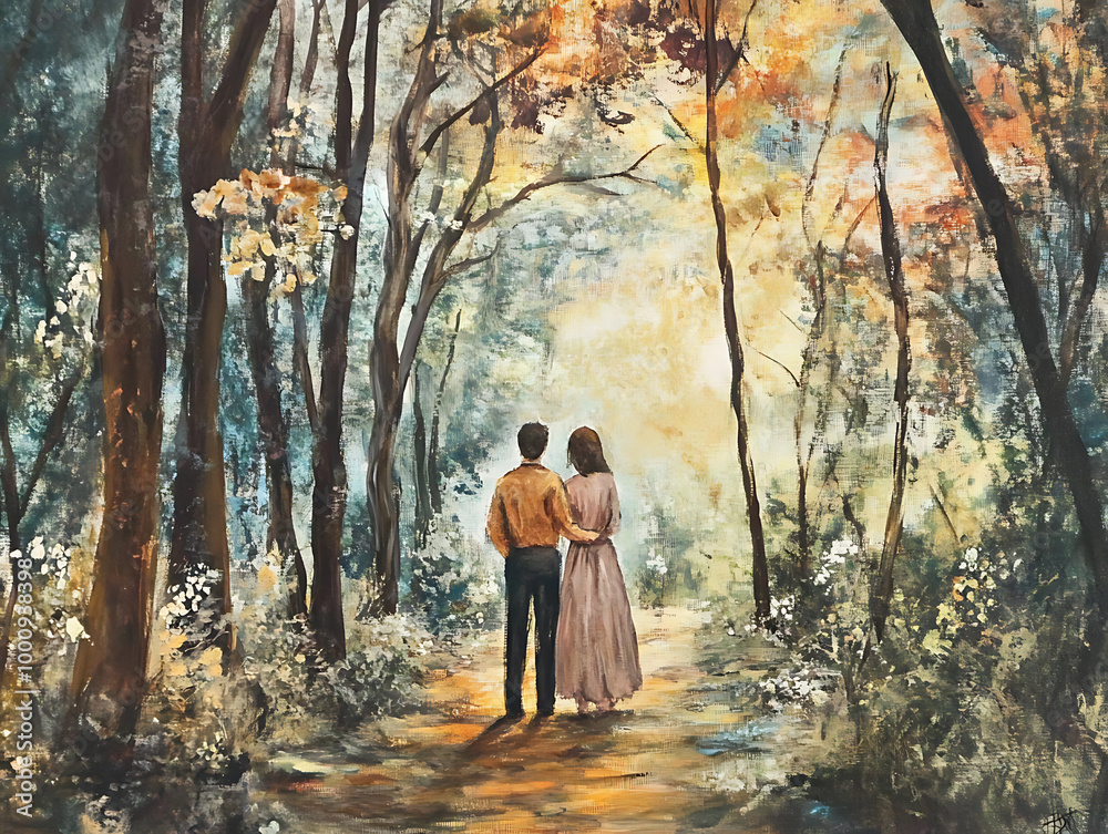 Painting of a couple walking in a forest warm tone painting picture Painting of a couple walking in a forest warm tone painting picture