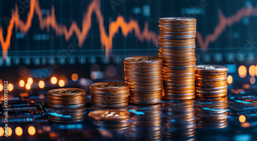  A visually striking composition featuring stacks of Bitcoin coins and other digital currencies set against glowing city lights, representing the world of cryptocurrency and finance.

