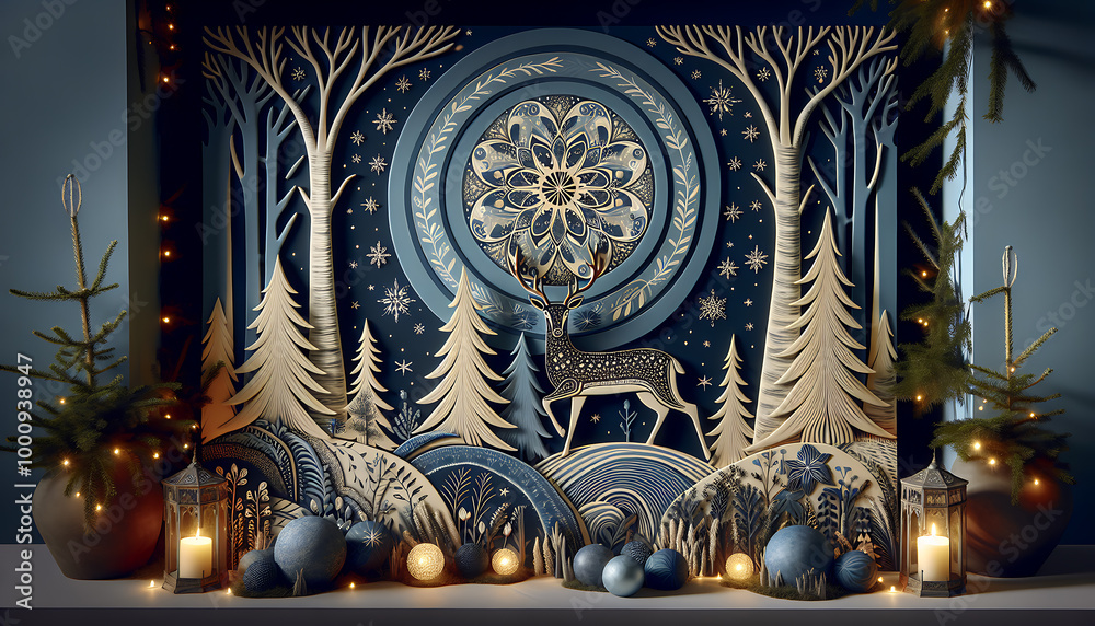 Fototapeta premium Magic Christmas composition with night woodland and deer