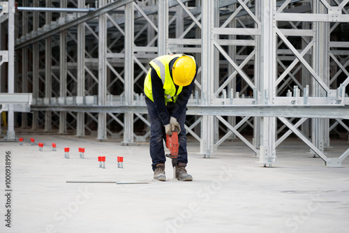 Worker drilling holes for chemical anchors in concrete foundation slab on construction site of rack-supported structure