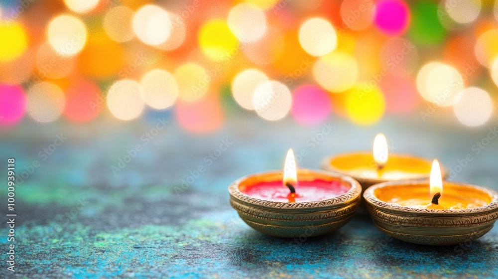 Glowing oil lamps with bright flowers celebrate Diwali, adding warmth and vibrancy to a joyous occasion Glowing oil lamps with bright flowers celebrate Diwali, adding warmth and vibrancy to a joyous occasion