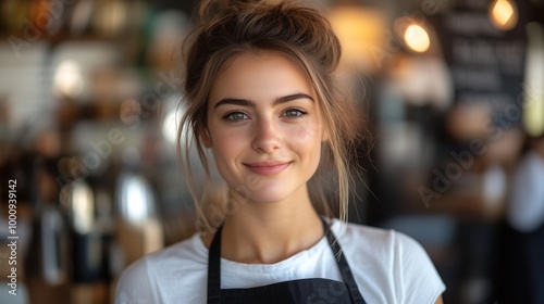 An attractive young woman in a black apron smiles as she looks into the camera