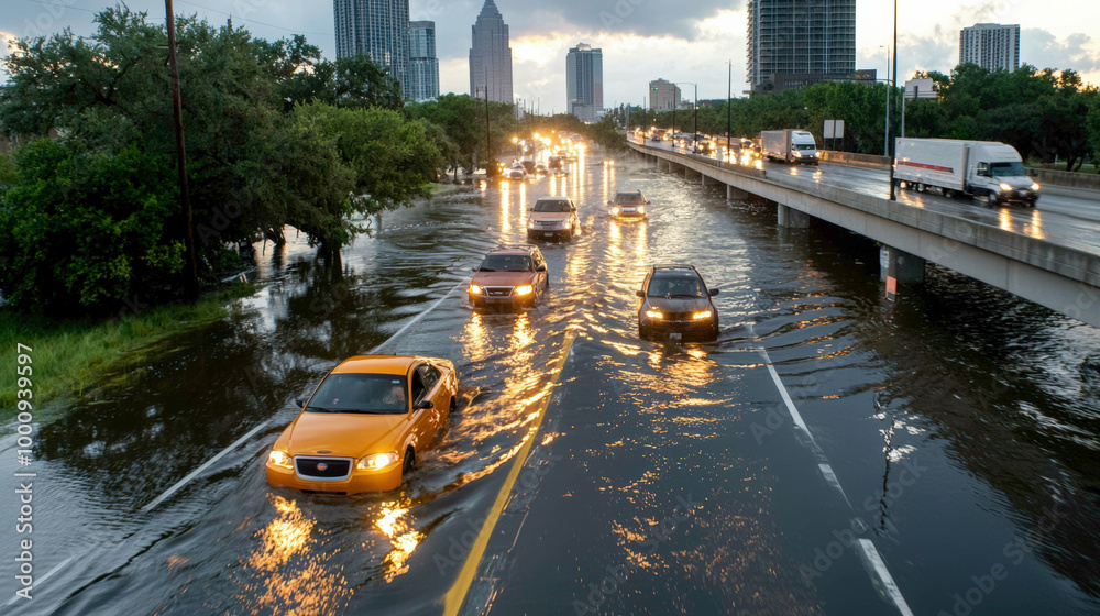 Cars drive through a heavily flooded highway in the city during a storm. Reflections of headlights shimmer on the waterlogged road as traffic moves slowly under a cloudy, stormy sky. Cars drive through a heavily flooded highway in the city during a storm. Reflections of headlights shimmer on the waterlogged road as traffic moves slowly under a cloudy, stormy sky.