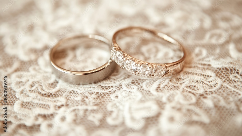 Two elegant wedding rings rest on intricate lace fabric, symbolizing love and commitment at a beautiful wedding celebration Two elegant wedding rings rest on intricate lace fabric, symbolizing love and commitment at a beautiful wedding celebration