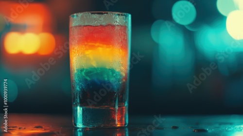 The drink features vibrant colors layered in a glass, reflecting the lively atmosphere of a bustling nightlife setting