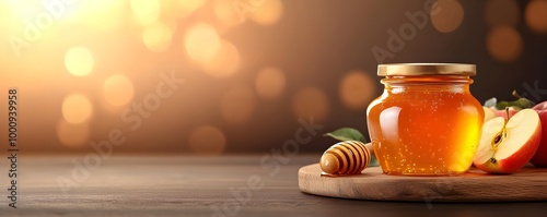 Frame made of fresh apples and honey on blurred background. Traditional symbols of Rosh Hashanah. Jewish New Year holiday. Template for design banner, poster, card with copy space