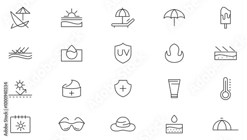 Sun Protection line icon set. Sunscreen, ultraviolet, sunglasses, sunlight, cream, UV, Sunburn, SPF cream, skin care, Face sun lotion, tanning line icon set. Ui thin line icon pack.