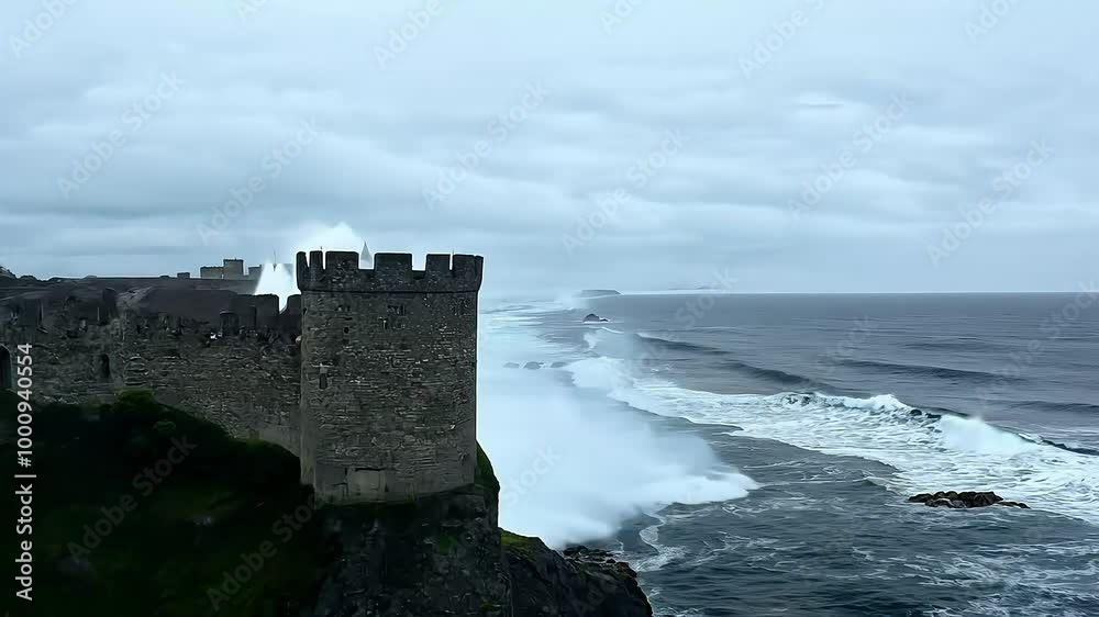 Waves crash against a stone fortress perched on a cliff, while a flock of birds soars overhead, creating a dramatic scene of nature's power against an ancient backdrop Waves crash against a stone fortress perched on a cliff, while a flock of birds soars overhead, creating a dramatic scene of nature's power against an ancient backdrop