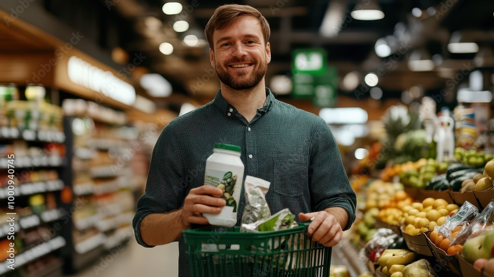 Man selecting fresh fruits in modern supermarket, wide-angle view with colorful produce Man selecting fresh fruits in modern supermarket, wide-angle view with colorful produce