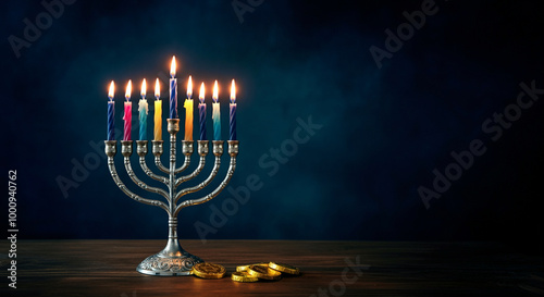 Menorah with colorful Hanukkah candles and chocolate coins on wooden table against dark background