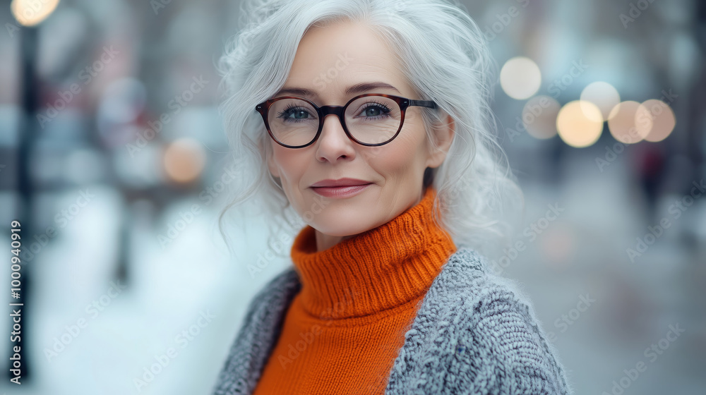 photo of an attractive mature woman, with white hair and glasses, wearing an orange sweater with a grey cardigan, with a slight smile, against a winter street background photo of an attractive mature woman, with white hair and glasses, wearing an orange sweater with a grey cardigan, with a slight smile, against a winter street background