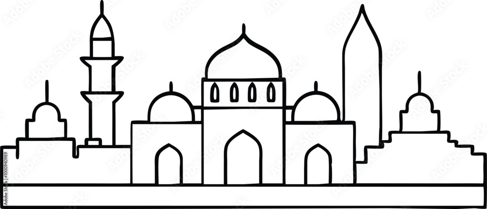 Muslim cityscape black monochrome silhouette background Muslim cityscape black monochrome silhouette background