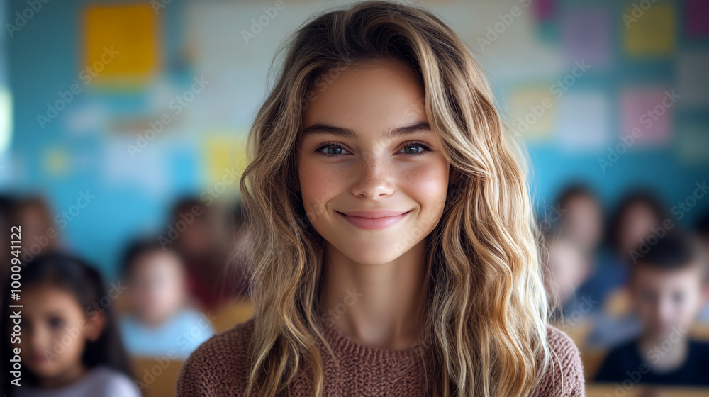Portrait of smiling female teacher in front on classroom with kids, happy and confident looking at camera while teaching children to study Portrait of smiling female teacher in front on classroom with kids, happy and confident looking at camera while teaching children to study