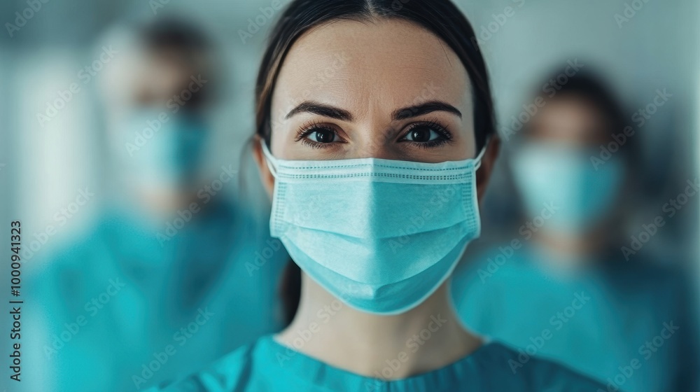 A skilled female dentist smiles while wearing a mask, demonstrating confidence in a contemporary clinic setting with her colleagues nearby A skilled female dentist smiles while wearing a mask, demonstrating confidence in a contemporary clinic setting with her colleagues nearby