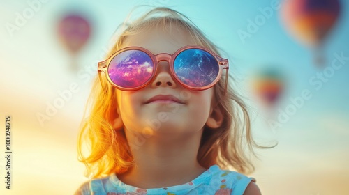 Happy child with cosmic sunglasses, hot air balloons in background, colorful sky at sunset, dreamy atmosphere, imagination concept