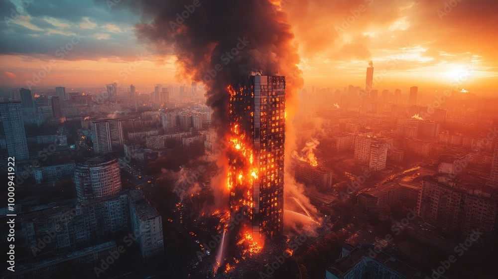 Fototapeta premium Skyscraper engulfed in flames during dramatic city sunset, emergency response, fire concept