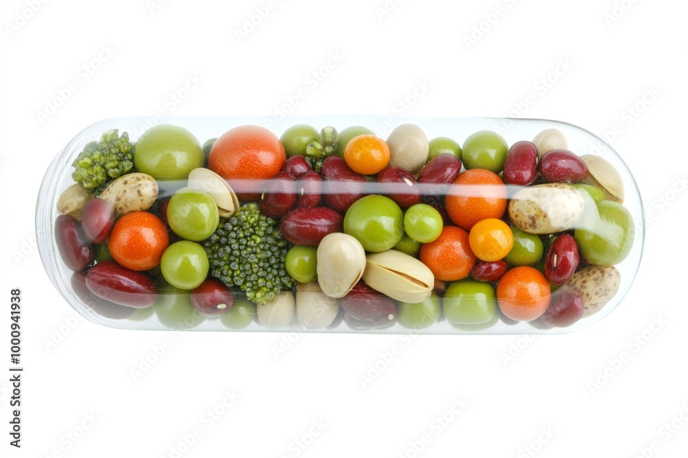 Close-up of nutrient pill bursting with fruits, vegetables, nuts, and beans, on white background Close-up of nutrient pill bursting with fruits, vegetables, nuts, and beans, on white background