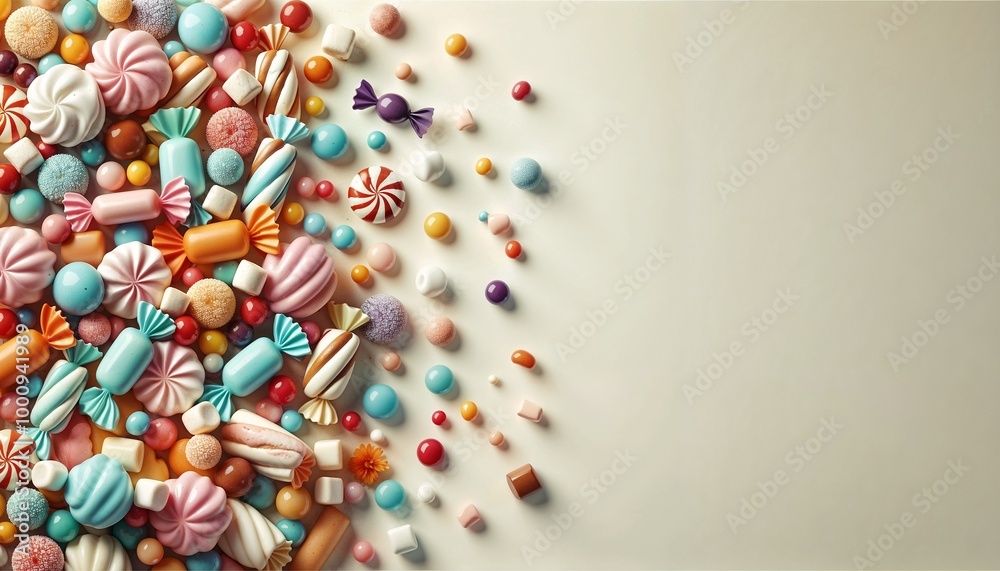 Assorted Candy Collection on Beige Background with Copy Space Assorted Candy Collection on Beige Background with Copy Space