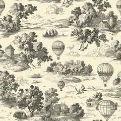 Papier peint photo Paysage patrons Toile de Jouy montgolfières campagne  © Phunnada