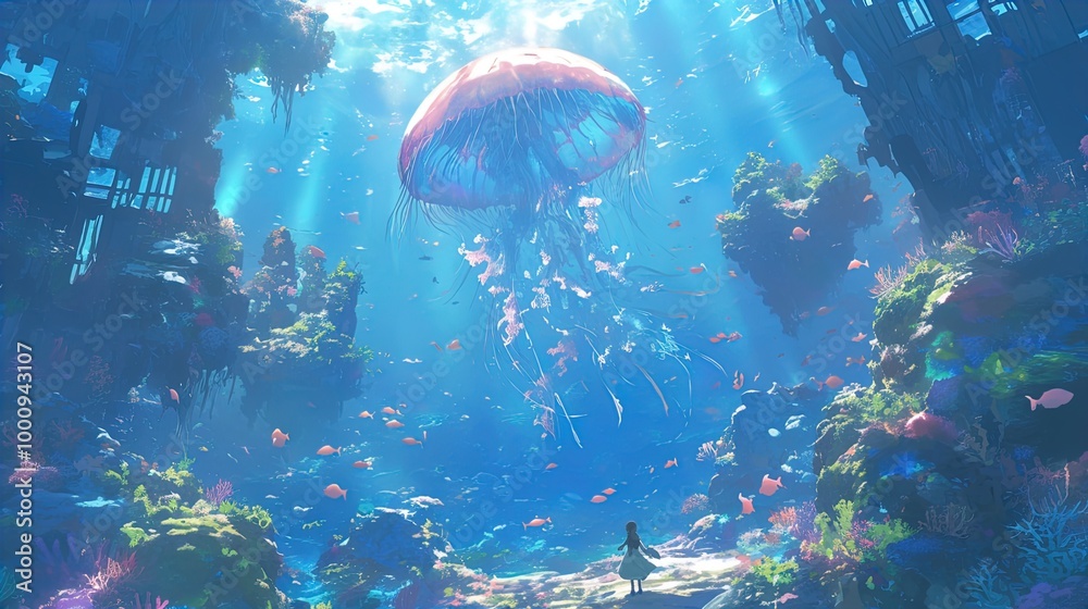 Fototapeta premium An underwater scene featuring a massive, luminous jellyfish surrounded by multicolored fish and vibrant coral reefs. The jellyfish appears ethereal with glowing tendrils flowing beneath it. In the for
