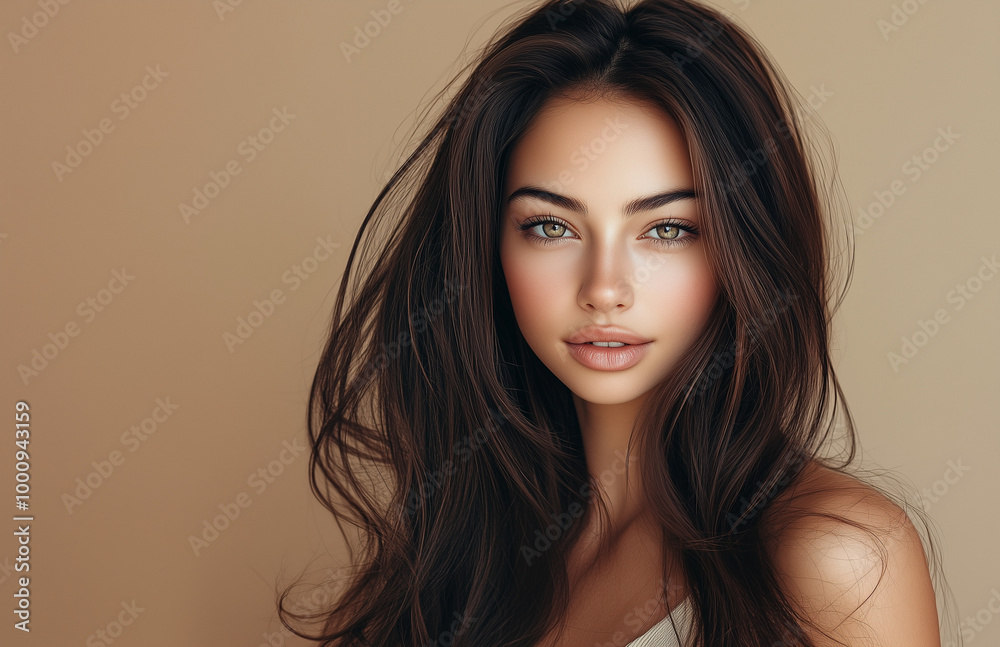 A set of portrait images featuring a beautiful young woman with flowing dark hair. The images range from black-and-white to full color, emphasizing her natural beauty. She has an elegant and confident