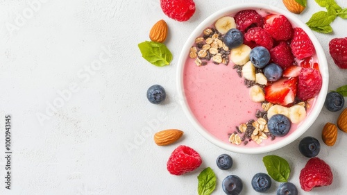 Breakfast smoothie bowl with mixed fruits, nuts, and seeds, offering a lowcalorie, nutritious option for weight management, 3D illustration