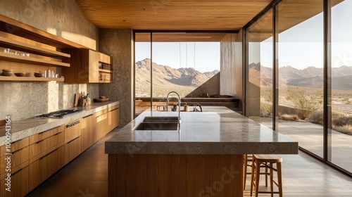 A minimalist desert retreat kitchen, with stone countertops, wooden cabinetry, and large windows framing views of the desert landscape