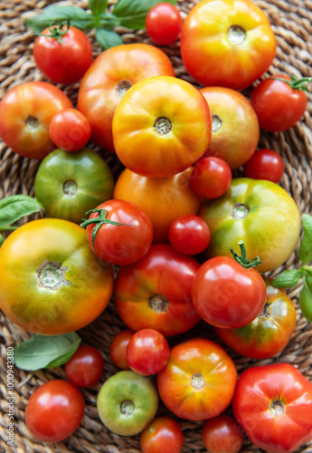 Freshly harvested tomatoes of various colors and sizes arranged in a woven basket