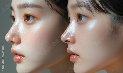 
Close-up images of skin improvement before and after treatment, showing acne, freckles, pigmentation, and smooth skin, highlighting beauty, skincare, and dermatol