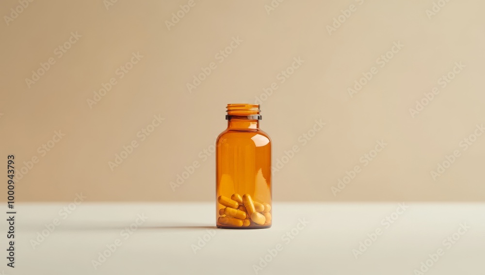 Minimalist orange pill bottle on neutral background with capsules Minimalist orange pill bottle on neutral background with capsules
