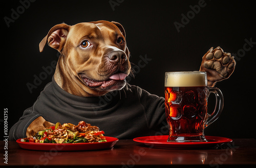 A series of amusing images featuring a dog sitting at a table with beer and food. The dog looks curious and interested in the drink and meal, which includes pizza and a pint of beer. The dark backgrou