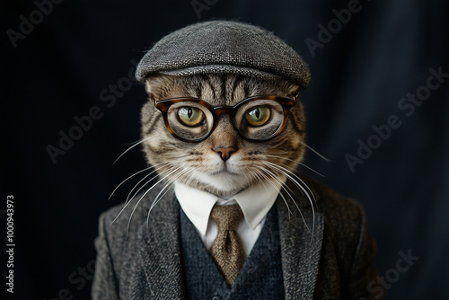 Description: A collection of humorous illustrations featuring cats dressed in vintage human clothing. The cats are wearing suits, hats, and glasses, giving them an anthropomorphic appearance. 