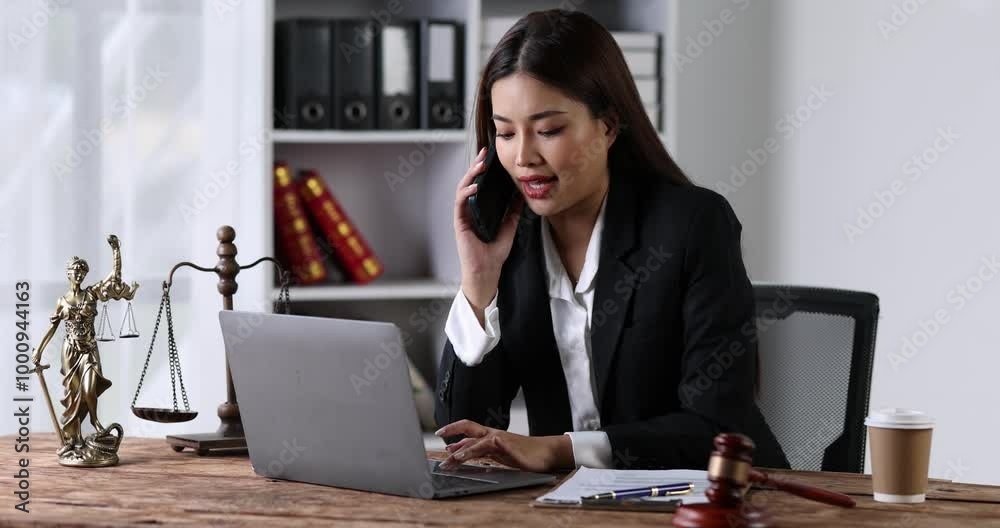 Business woman or lawyer works in the office or court, checks clients contracts, calling by phone. Asian successful business lady, statuette of Themis, goddess of justice. legal advice online.
Business woman or lawyer works in the office or court, checks clients contracts, calling by phone. Asian successful business lady, statuette of Themis, goddess of justice. legal advice online.
