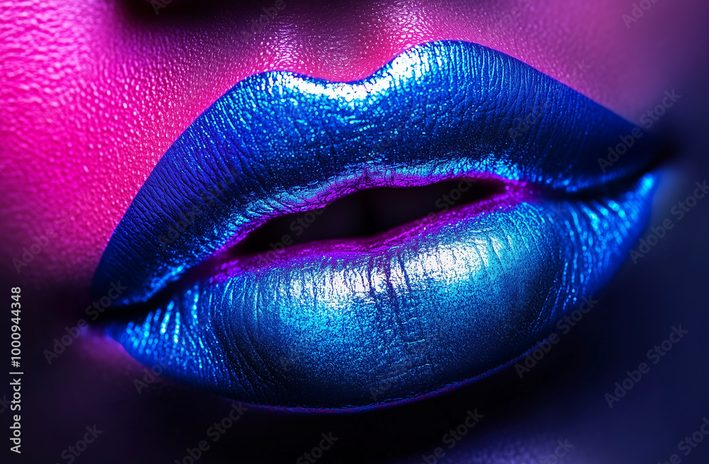 Close-up images of lips with a neon light effect. The lips are illuminated with blue and pink hues, giving a vibrant, glowing look. The lighting creates a dramatic and artistic aesthetic, suitable for Close-up images of lips with a neon light effect. The lips are illuminated with blue and pink hues, giving a vibrant, glowing look. The lighting creates a dramatic and artistic aesthetic, suitable for