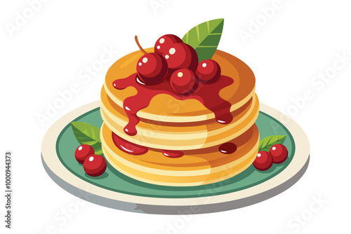 Christmas Pancakes with Cranberry and Maple Syrup Topping, illustration on white background.