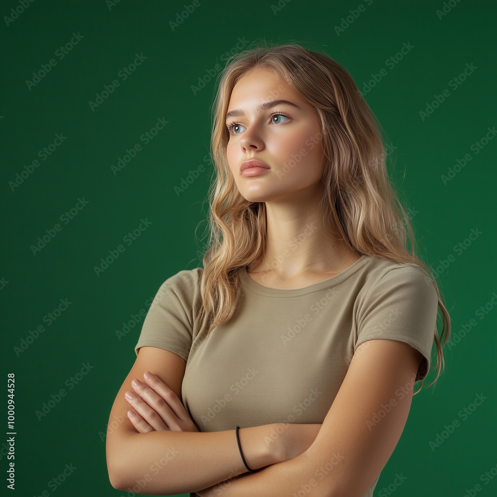 Confident young lady looking away, standing with crossed arms isolated on green Confident young lady looking away, standing with crossed arms isolated on green